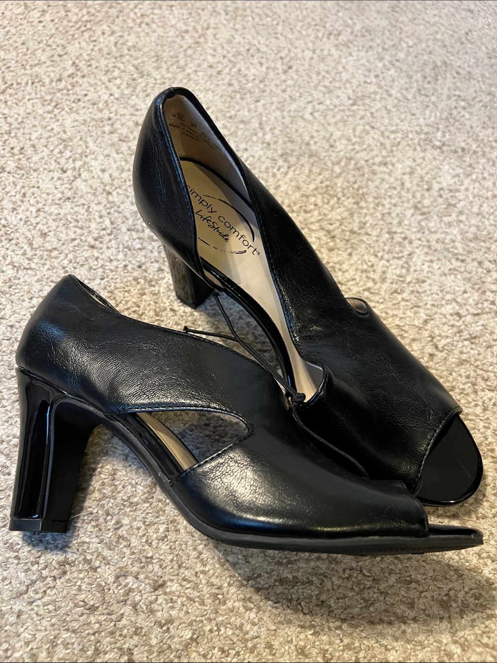 Life Stride Black Leather Open-Toe Block Heel Pumps
